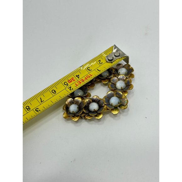 Vintage Flowers Brooch Blue Moonstone Glass Cabochons Brass Tone Older Pin - Picture 8 of 8